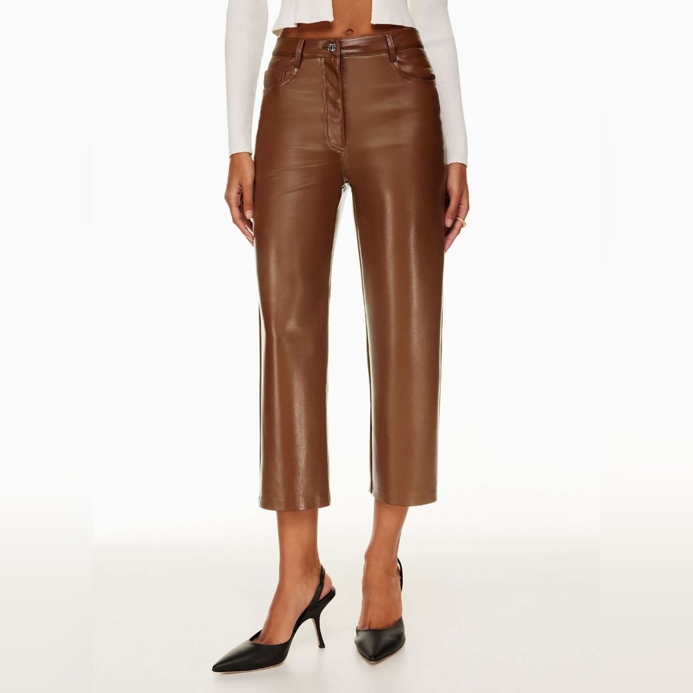 Wilfred Aritzia Women's Cognac Edgy Faux Leather Melina Cropped Pant Size 0 - Picture 2 of 10
